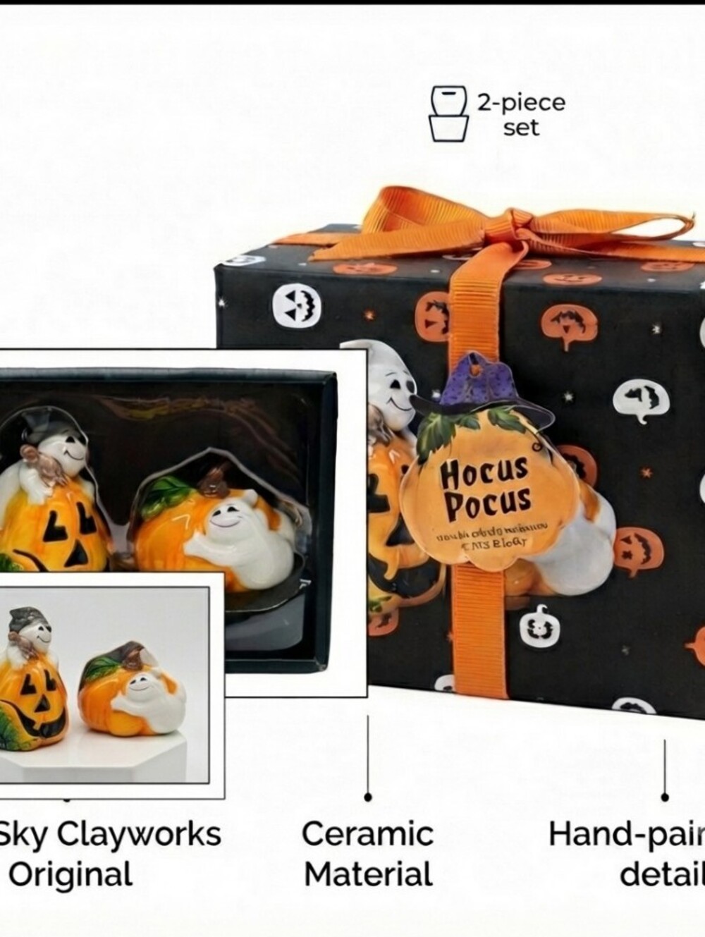 Blue Sky Halloween Ceramic Salt & Pepper Shakers Pumpkins & Ghosts NEW